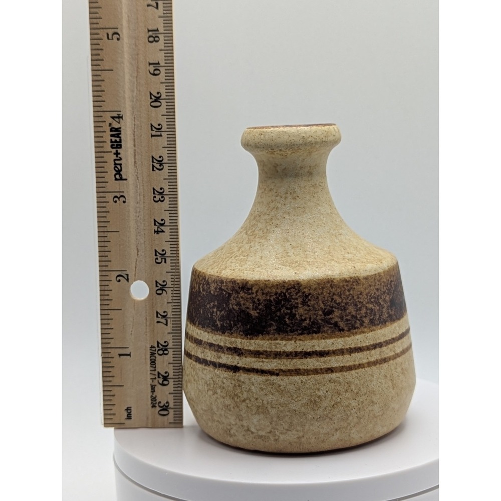 Pic USA Vintage Pottery Bud Vase Small Jug Beige Brown Striped 4in Handmade